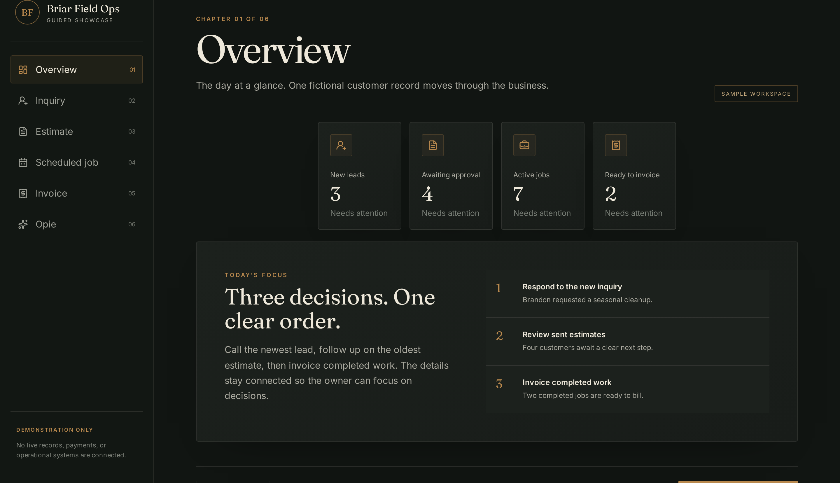 Briar Field Ops dashboard showing connected business workflow activity.